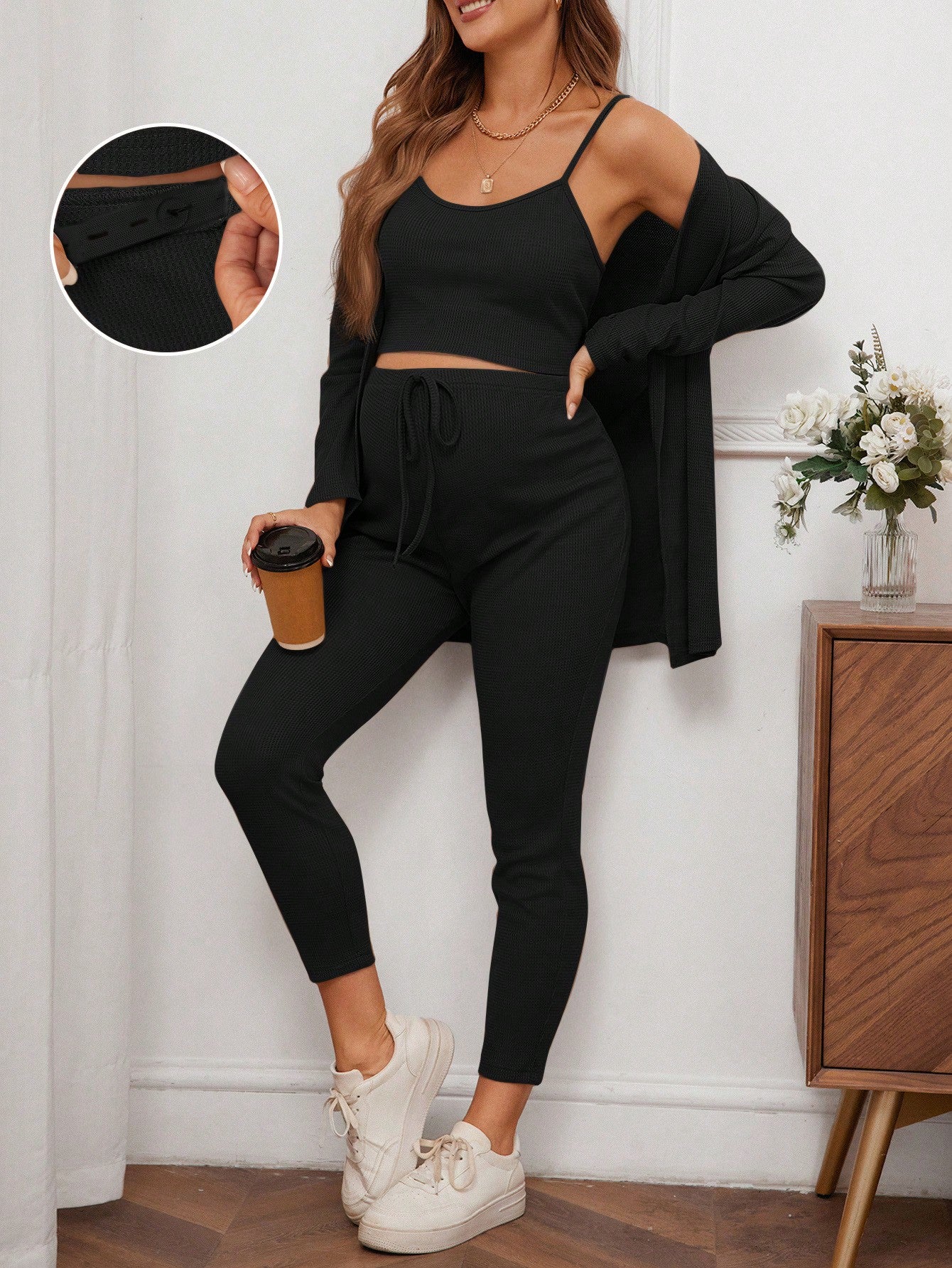 Maternity Waffle Knit Tank Top And Adjustable Bow-Tied Waist Leggings Set With Coat