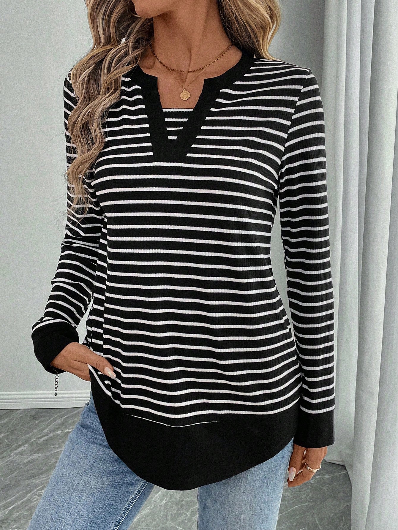 EMERY ROSE Women's Casual Plaid Patchwork Long Sleeve Tops