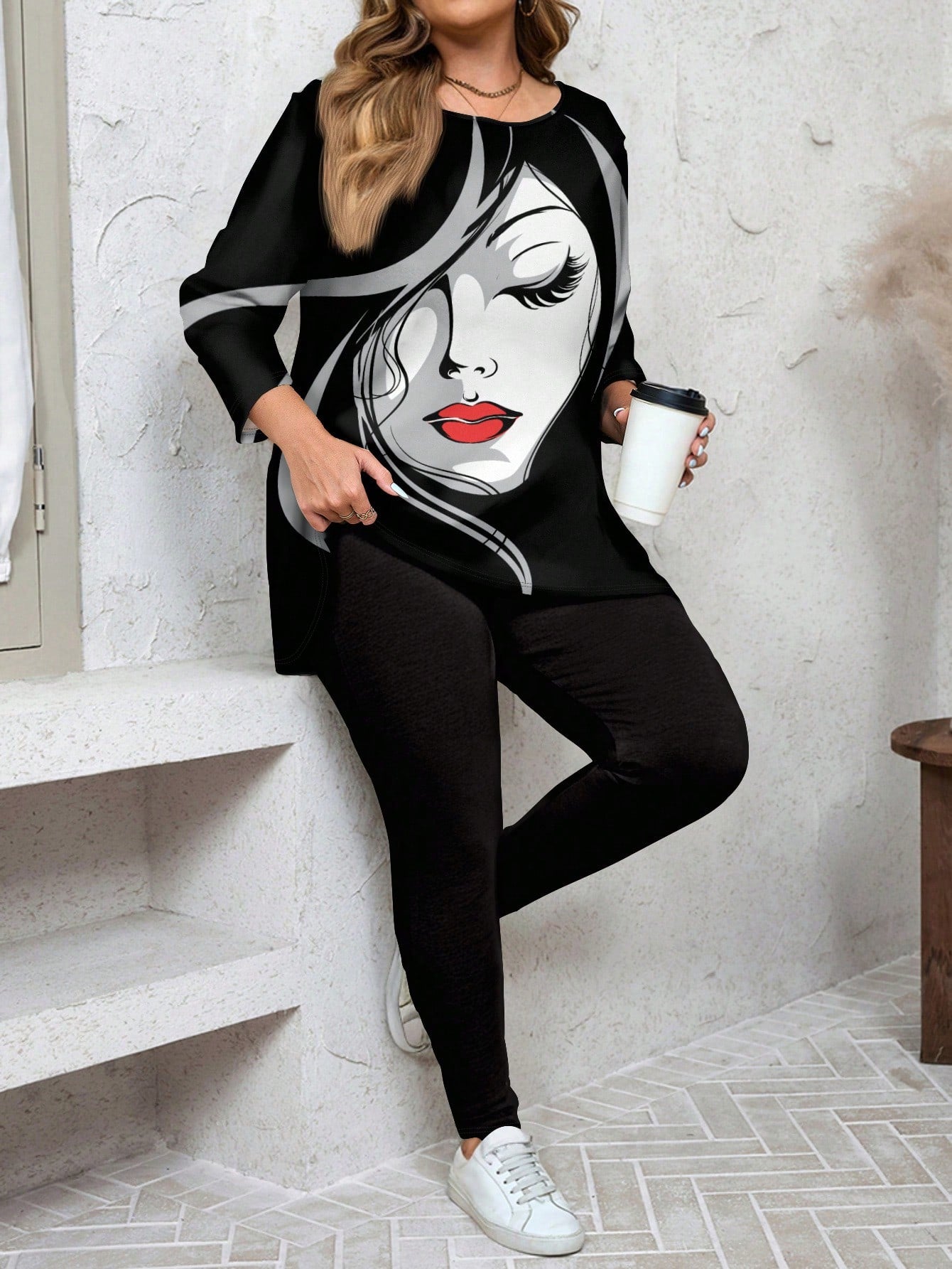 LUNE 2pcs/Set Plus Size Women Casual Long Sleeve T-Shirt And Yoga Pants, Suitable For Autumn/Winter