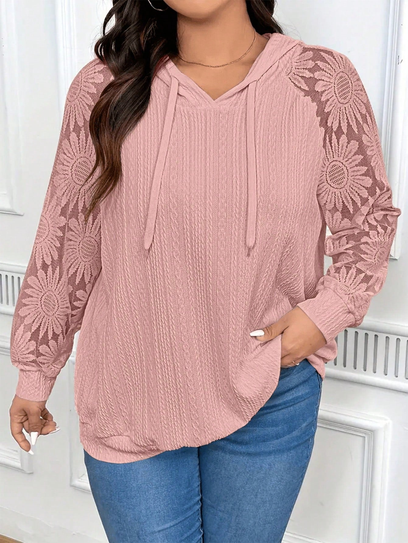 Plus Size Women White Hooded Lace Sweatshirt, Autumn