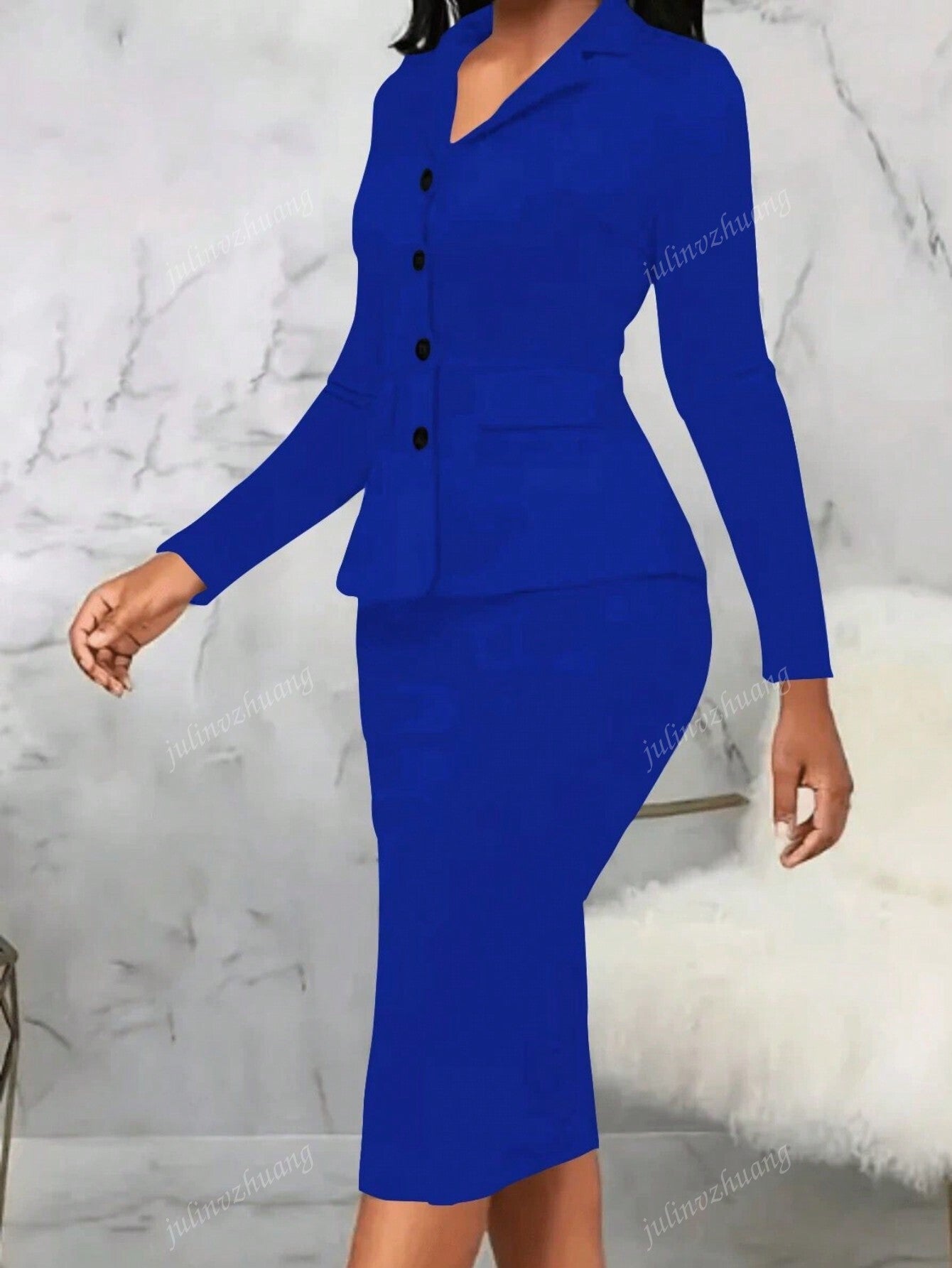 Women Solid Color Lapel Long Sleeve Fitted Blazer & High Waist Bodycon Pencil Skirt Elegant Work Suit Set