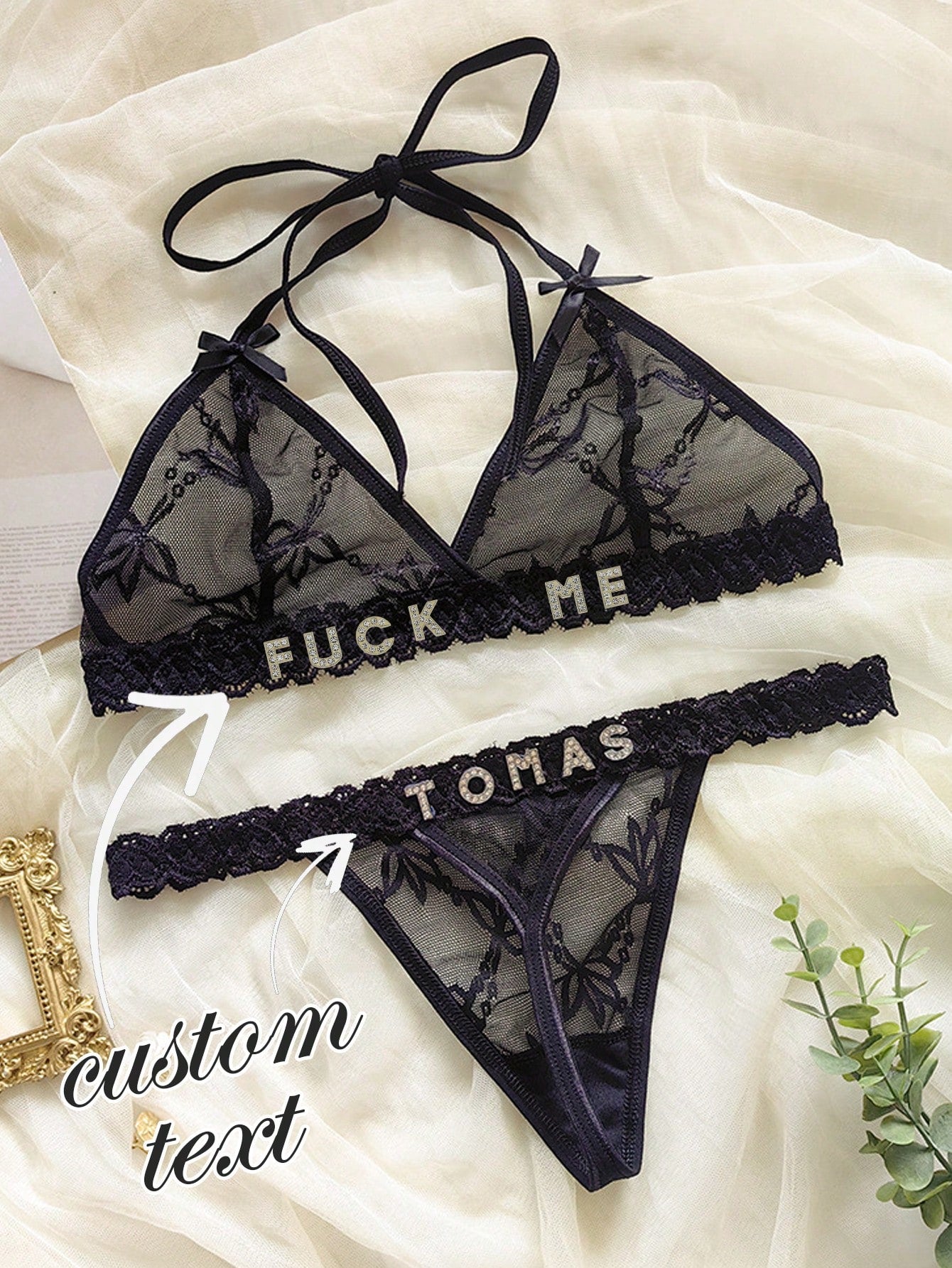Customized Lace See-Through T-String Set, Customized Metal Letter Decoration Sexy Lingerie, Customized Rhinestone Letter Lace Sexy Lingerie