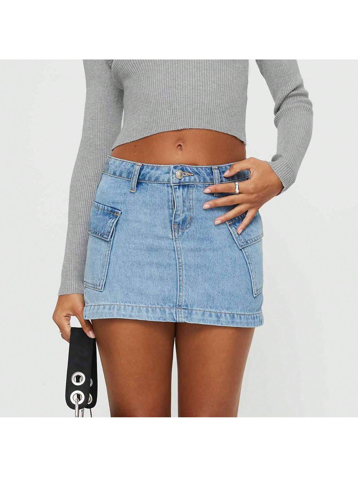 Womens Y2K Cargo Denim Skirts Mid Rise Mini Jean Skirts With Pockets Casual Streetwear