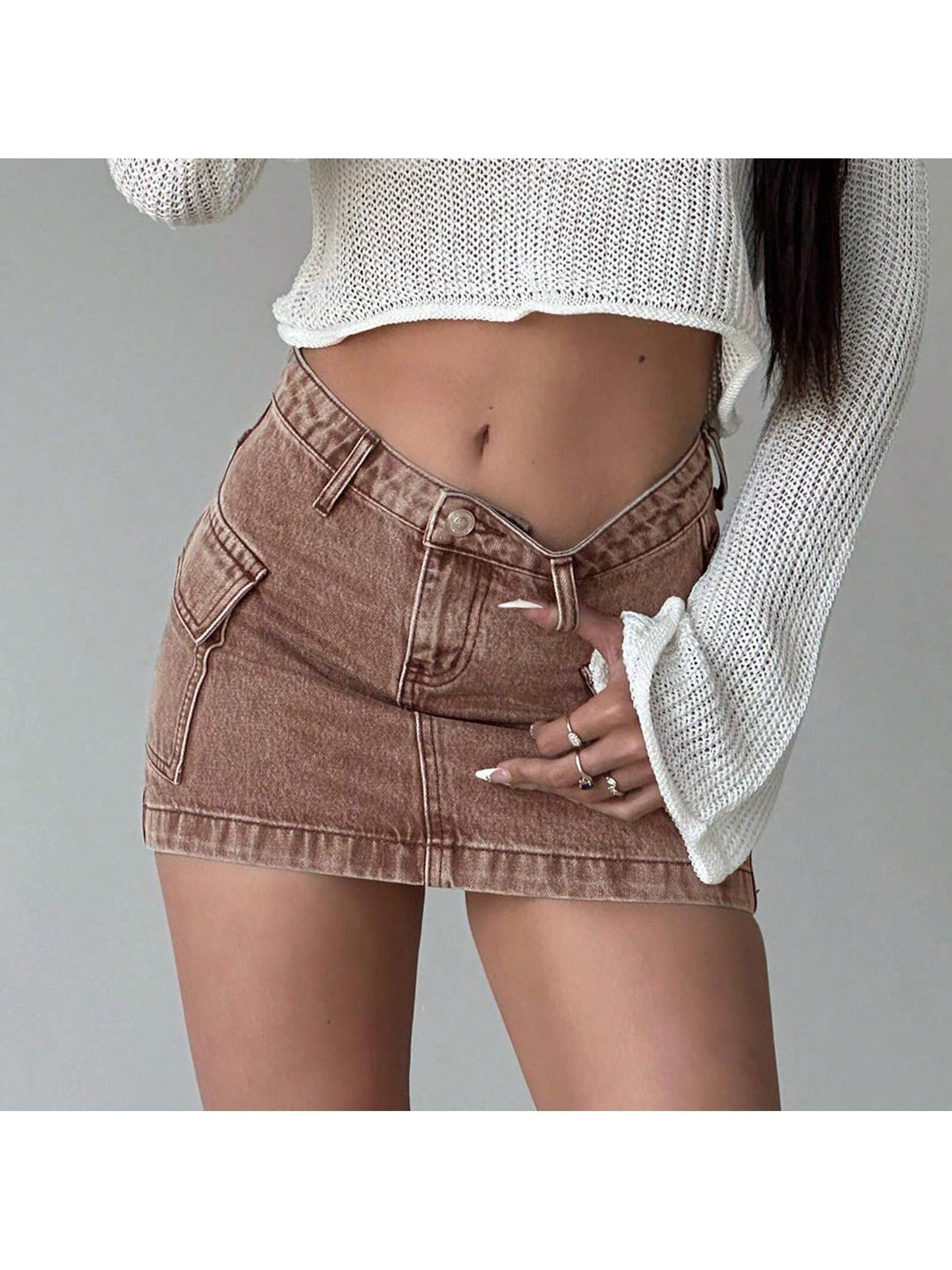 Womens Y2K Cargo Denim Skirts Mid Rise Mini Jean Skirts With Pockets Casual Streetwear