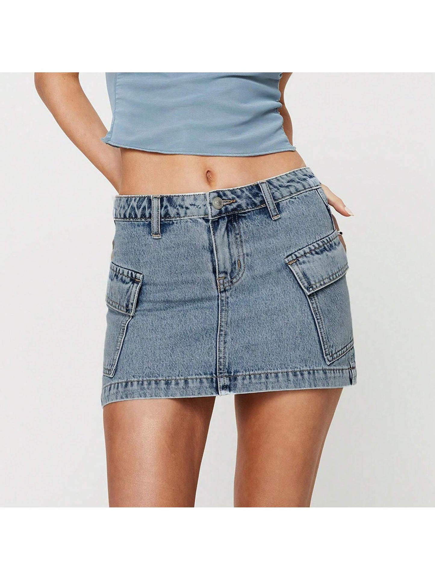 Womens Y2K Cargo Denim Skirts Mid Rise Mini Jean Skirts With Pockets Casual Streetwear