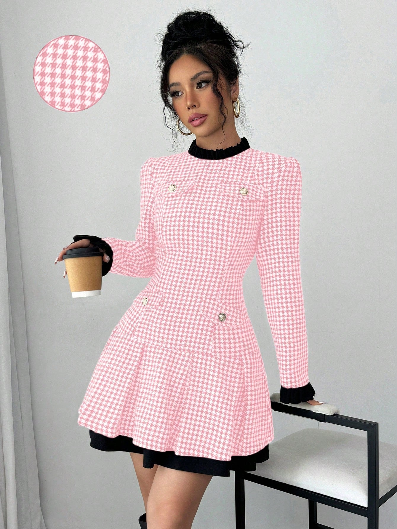 Raffinéa Women's Ruffle Collar Long Sleeve Houndstooth Patchwork Elegant Dress