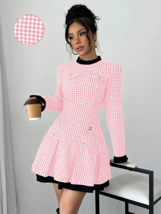 Raffinéa Women's Ruffle Collar Long Sleeve Houndstooth Patchwork Elegant Dress