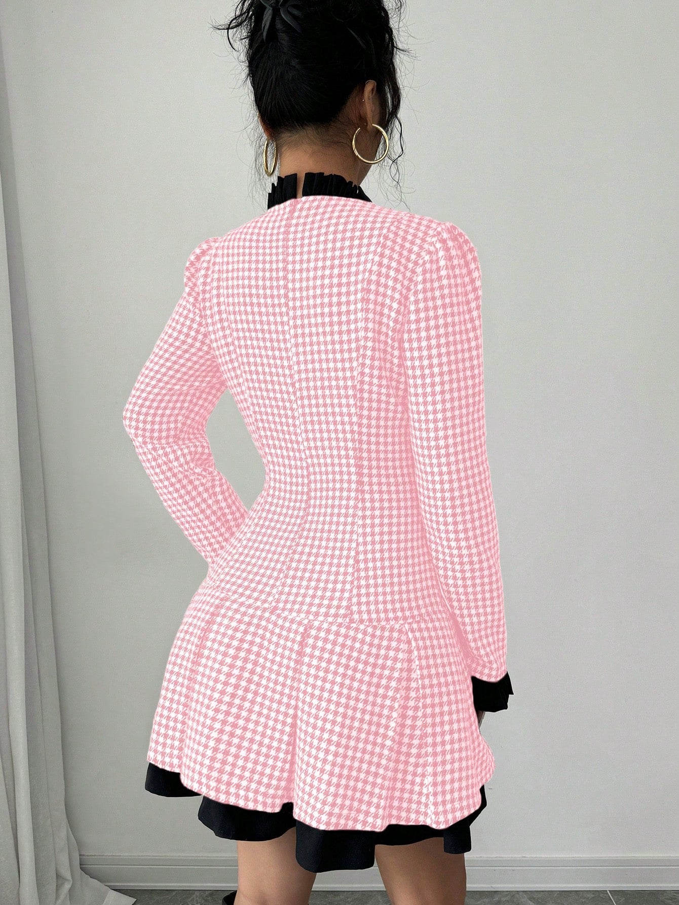 Raffinéa Women's Ruffle Collar Long Sleeve Houndstooth Patchwork Elegant Dress