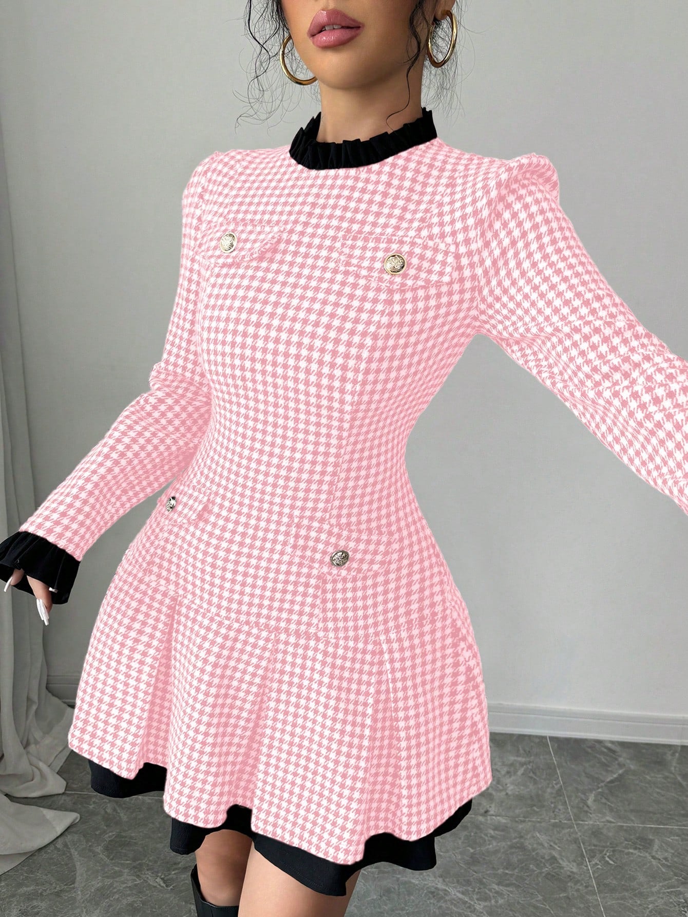 Raffinéa Women's Ruffle Collar Long Sleeve Houndstooth Patchwork Elegant Dress