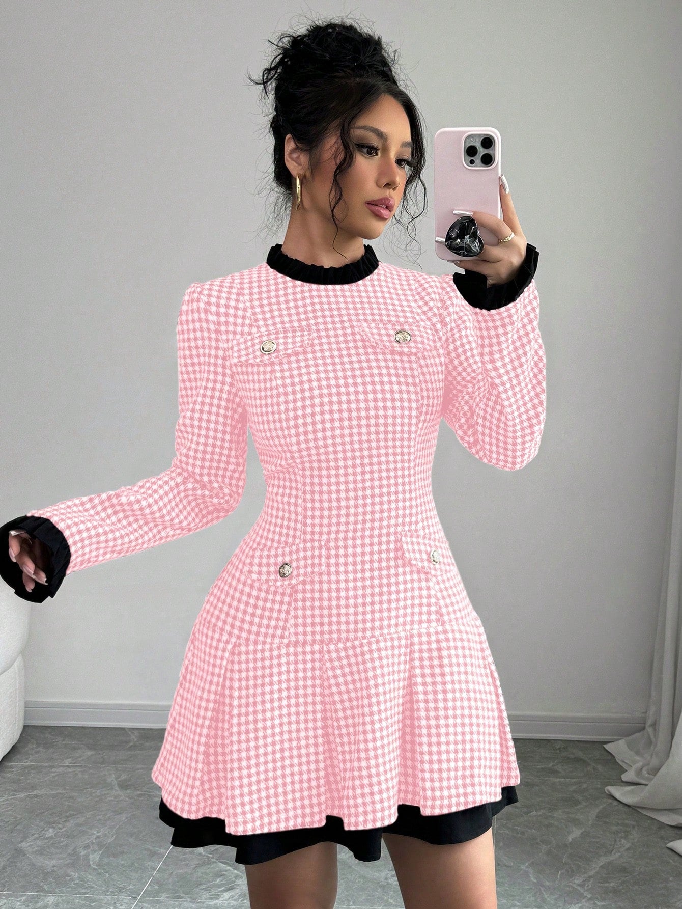 Raffinéa Women's Ruffle Collar Long Sleeve Houndstooth Patchwork Elegant Dress