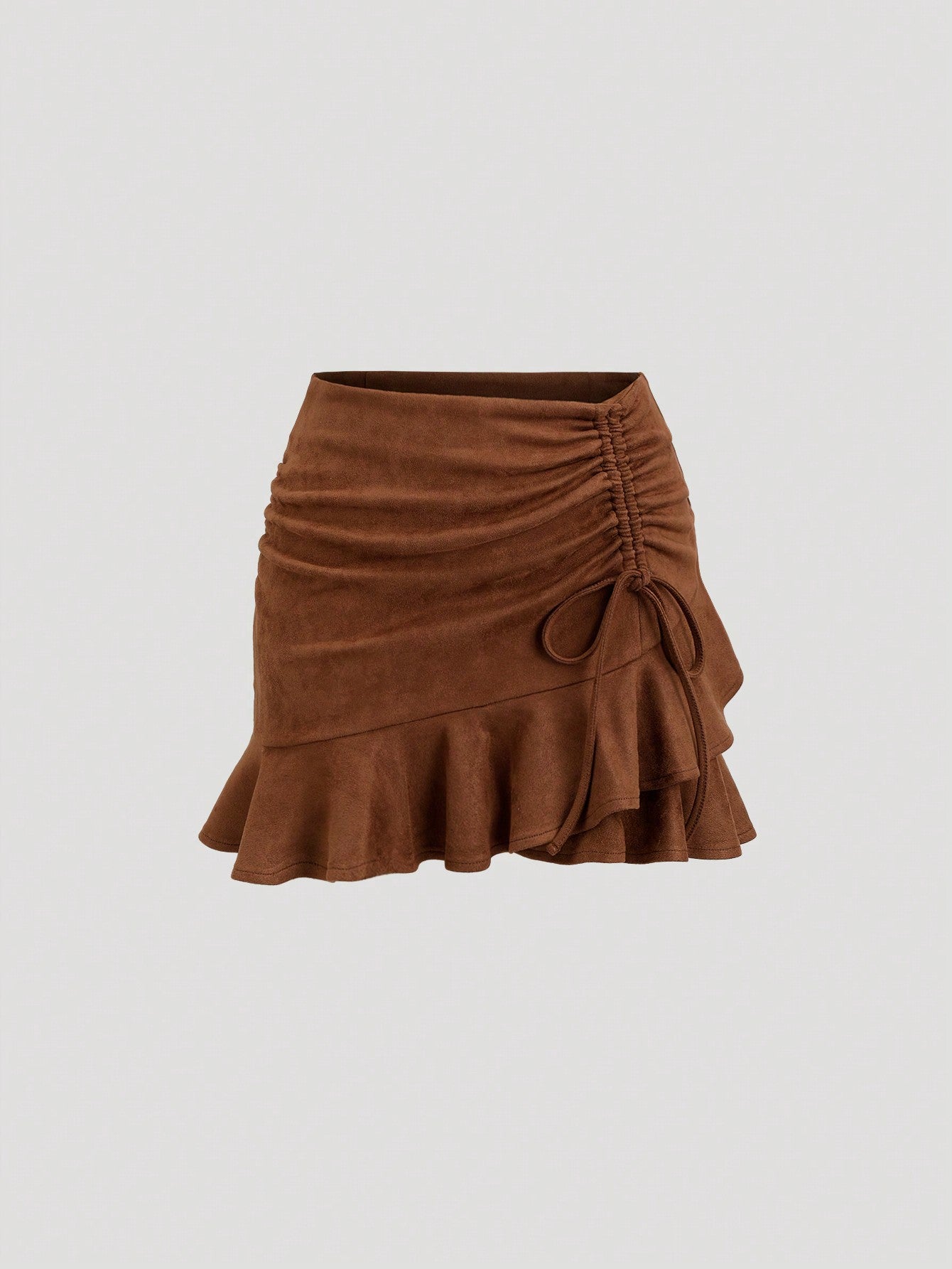 Sweetra Women's New Autumn/Winter Western Cowgirl Sexy Brown Solid Color Faux Suede Pleated Bow Ruffle Hem Mini Skirt