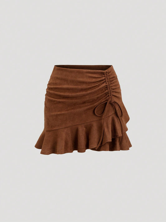 Sweetra Women's New Autumn/Winter Western Cowgirl Sexy Brown Solid Color Faux Suede Pleated Bow Ruffle Hem Mini Skirt