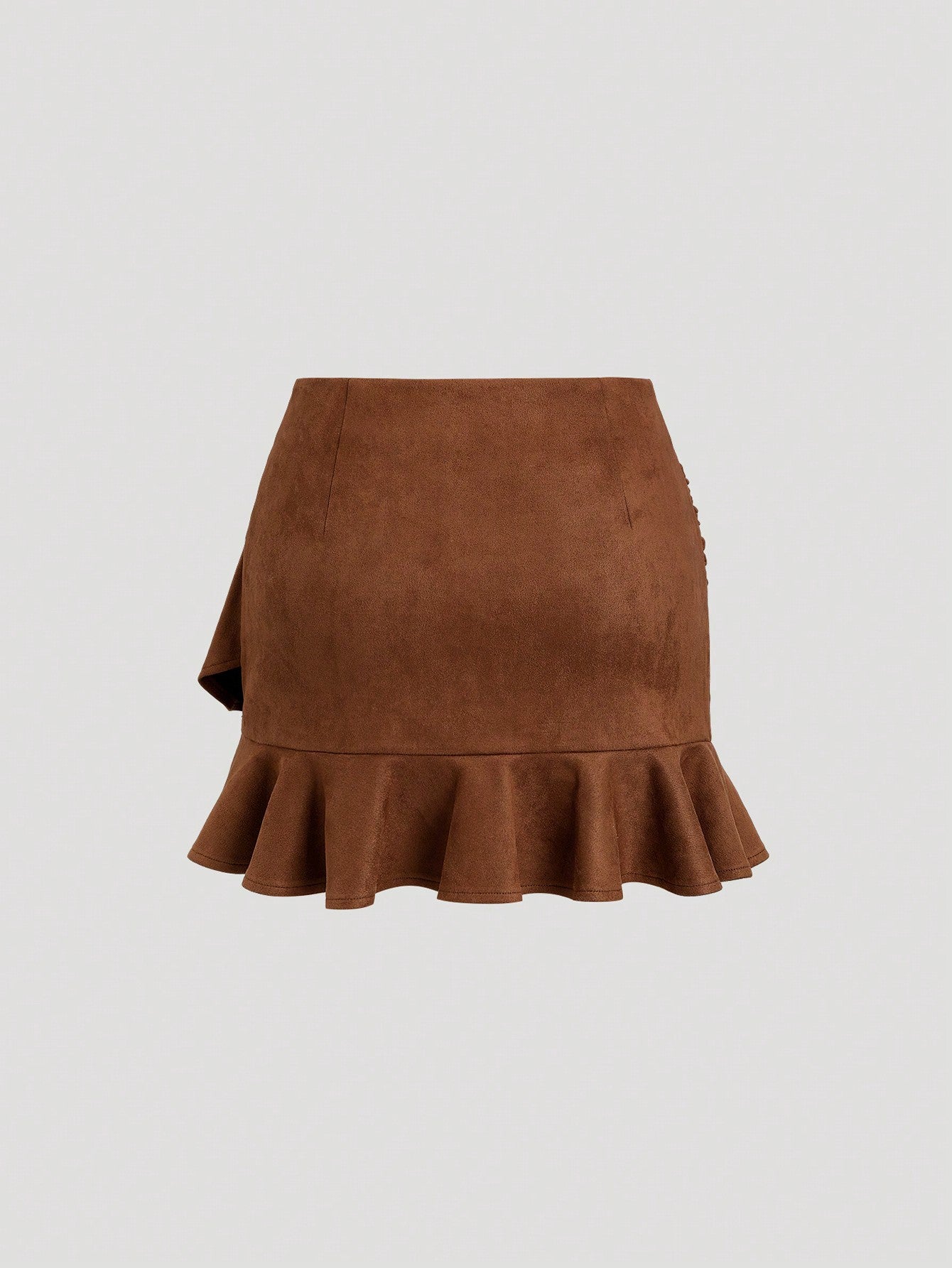 Sweetra Women's New Autumn/Winter Western Cowgirl Sexy Brown Solid Color Faux Suede Pleated Bow Ruffle Hem Mini Skirt