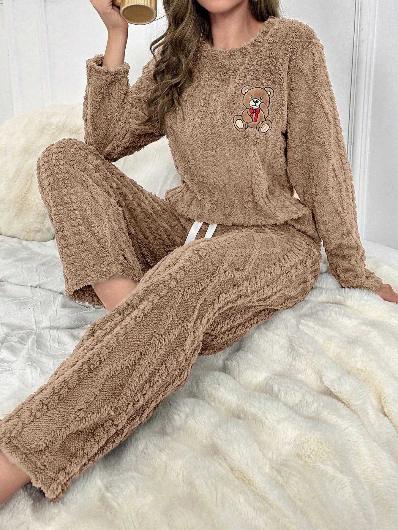 Bear Embroidery Flannel PJ Set / Pajama Set