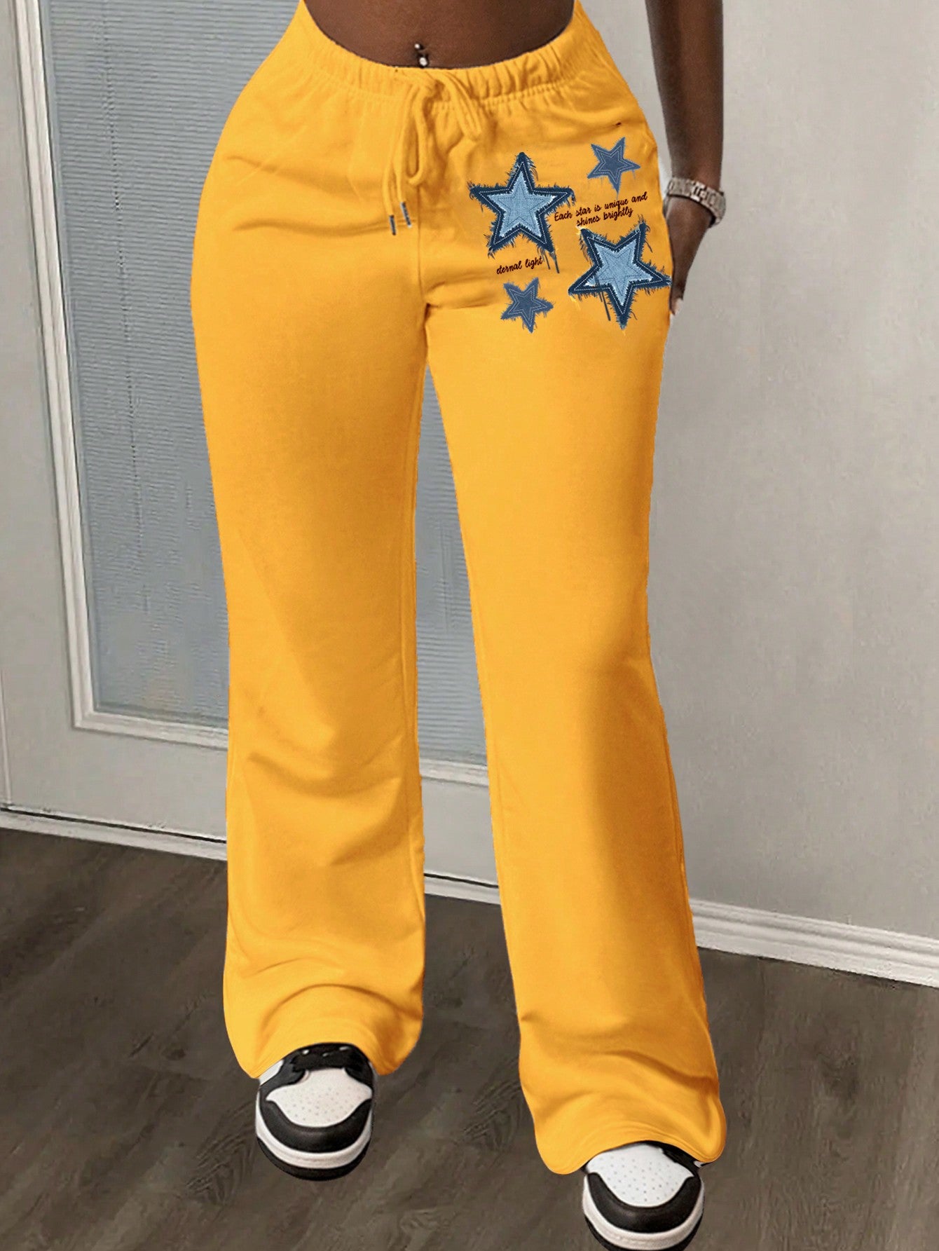 Slayr 2024 New Casual Basic Street Style Drawstring Straight Leg Pants, Women Star Pattern White Sweatpants