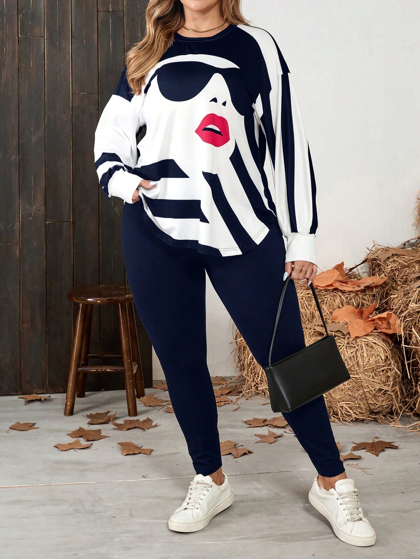 LUNE 2pcs/Set Plus Size Women Casual Long Sleeve T-Shirt And Yoga Pants, Suitable For Autumn/Winter