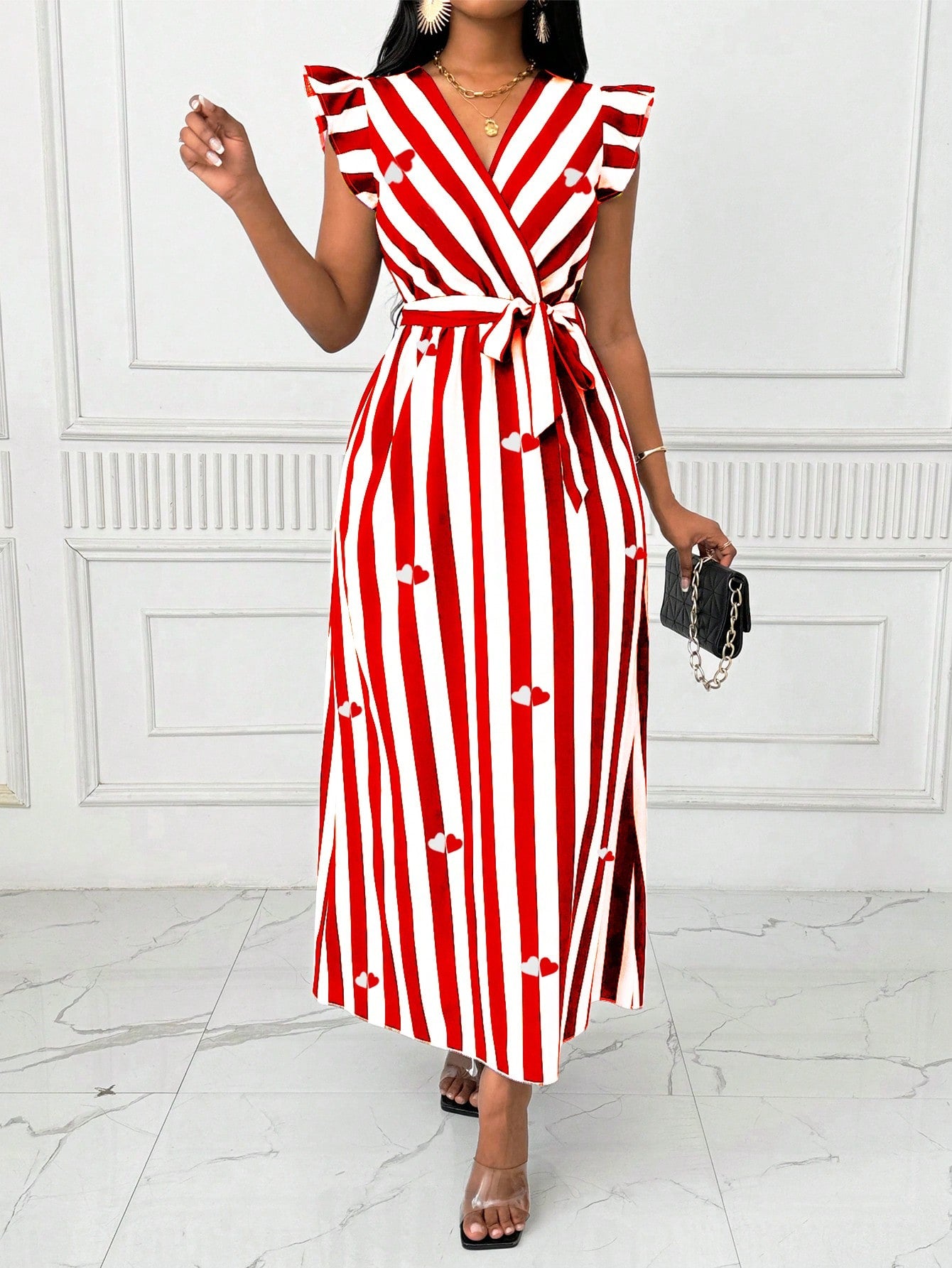 Lyxana Women's V-Neck Cinched Waist Wide Skirt Long Dress With Bow Tie, Black And White Vertical Striped, Long Sleeve Maxi Women Outfit
