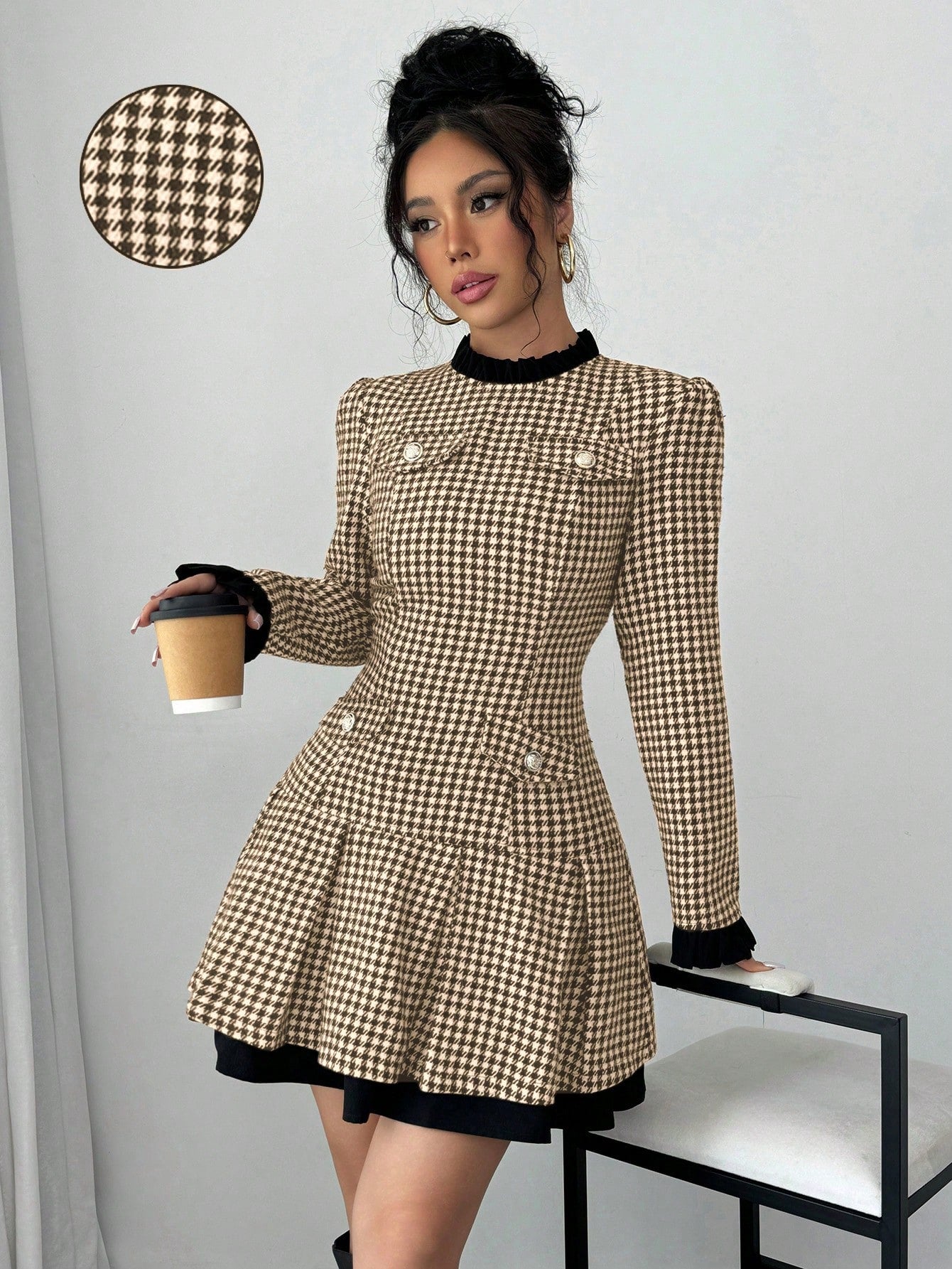 Raffinéa Women's Ruffle Collar Long Sleeve Houndstooth Patchwork Elegant Dress