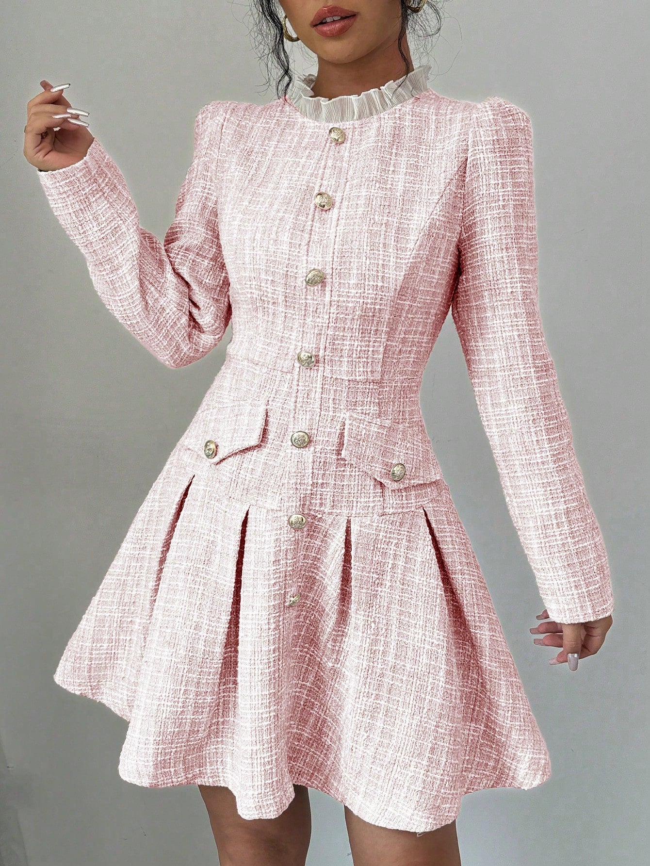 Elenzga Women's Stand Collar Front Button Pleated Elegant Long Sleeve Dress,Ladies Elegant Button Front,Pleated,Zipper Long Sleeve Stand Collar Regular Fit Short Khaki Puff Sleeve Plaid A Line Women Short Dresses,Spring/Fall,Professional/Business Attire/