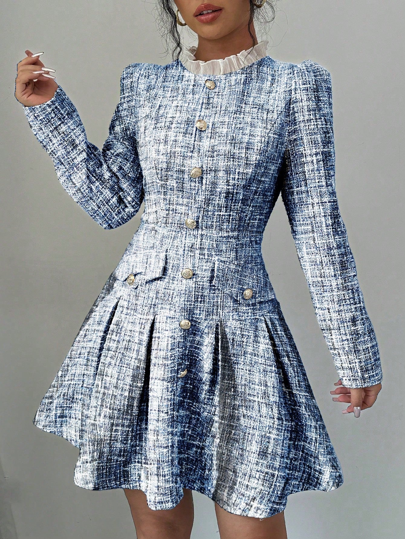 Elenzga Women's Stand Collar Front Button Pleated Elegant Long Sleeve Dress,Ladies Elegant Button Front,Pleated,Zipper Long Sleeve Stand Collar Regular Fit Short Khaki Puff Sleeve Plaid A Line Women Short Dresses,Spring/Fall,Professional/Business Attire/