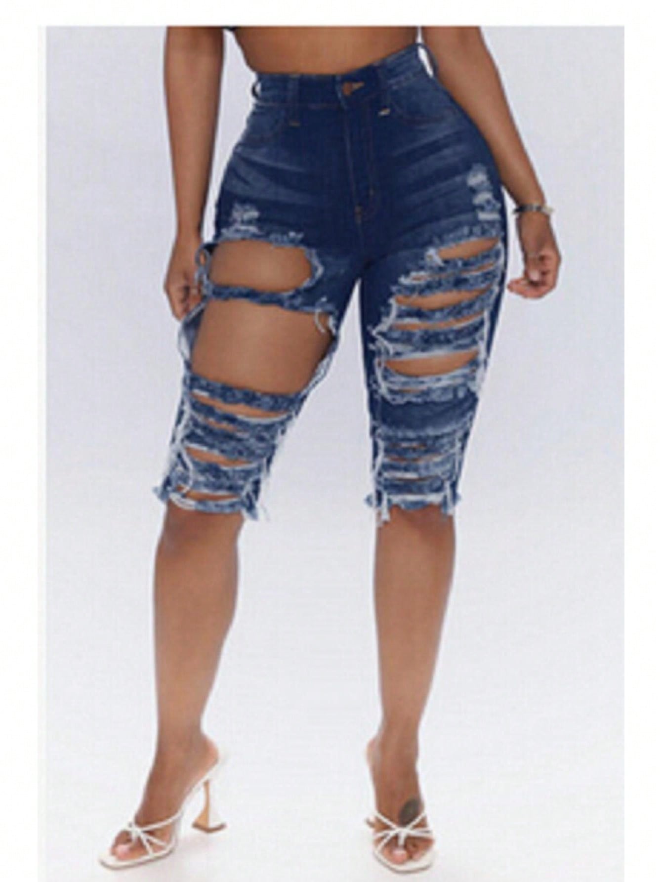 Women Denim Short Pants, High Waist Ripped Button  Zipper Solid Bottoms, Slim-Fit Summer Sexy Knee-Length Jeans