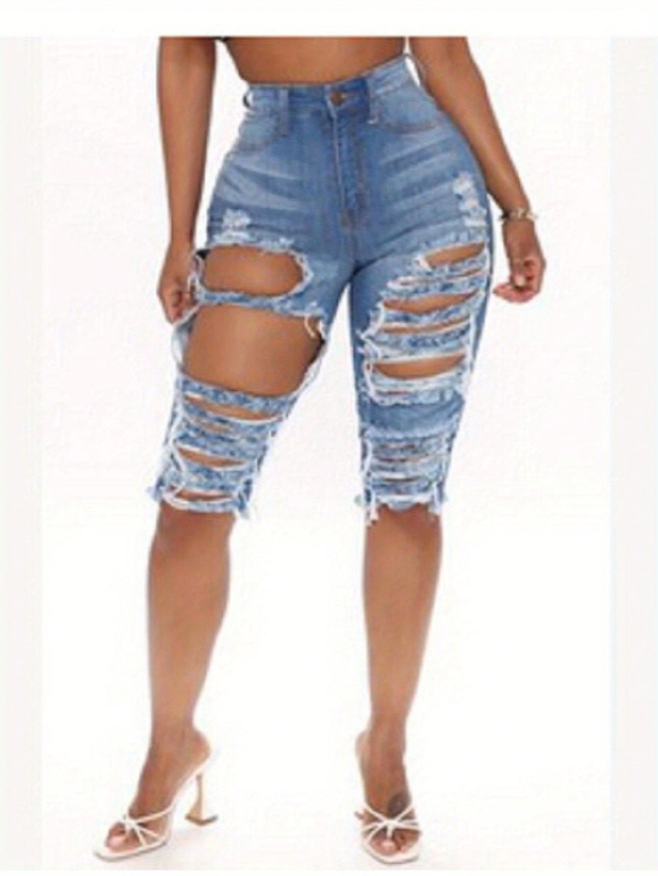 Women Denim Short Pants, High Waist Ripped Button  Zipper Solid Bottoms, Slim-Fit Summer Sexy Knee-Length Jeans