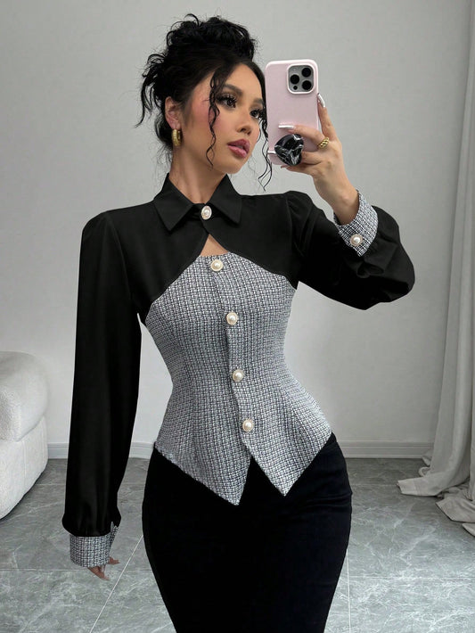 Elenzga New Design Hollowed-Out Splicing Shirt With Cinched Waist, Stylish Long Sleeve Open-Front Shirt