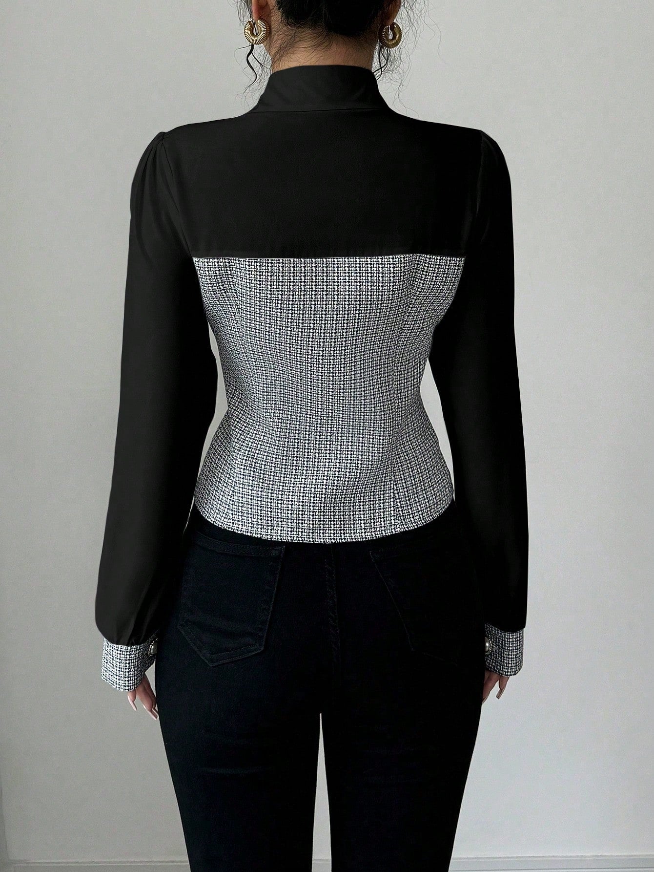 Elenzga New Design Hollowed-Out Splicing Shirt With Cinched Waist, Stylish Long Sleeve Open-Front Shirt
