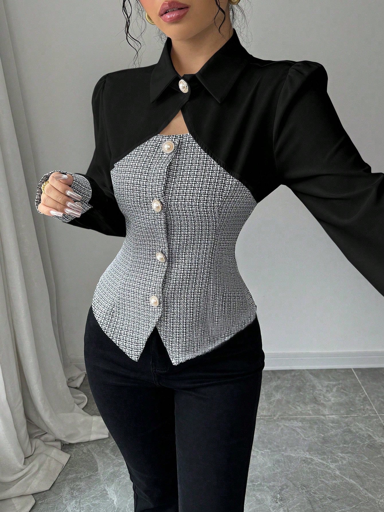 Elenzga New Design Hollowed-Out Splicing Shirt With Cinched Waist, Stylish Long Sleeve Open-Front Shirt