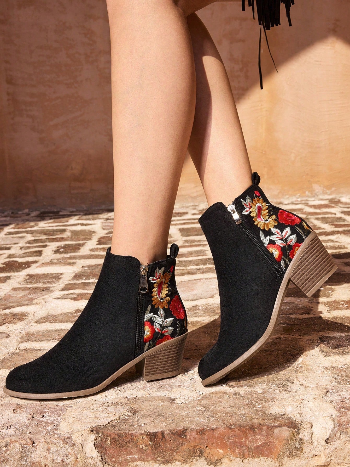 Styleloop Women's Fashionable Western Embroidered Chunky Heel Ankle Boots In Apricot, Fall Shoes For Christmas And New Year Holiday