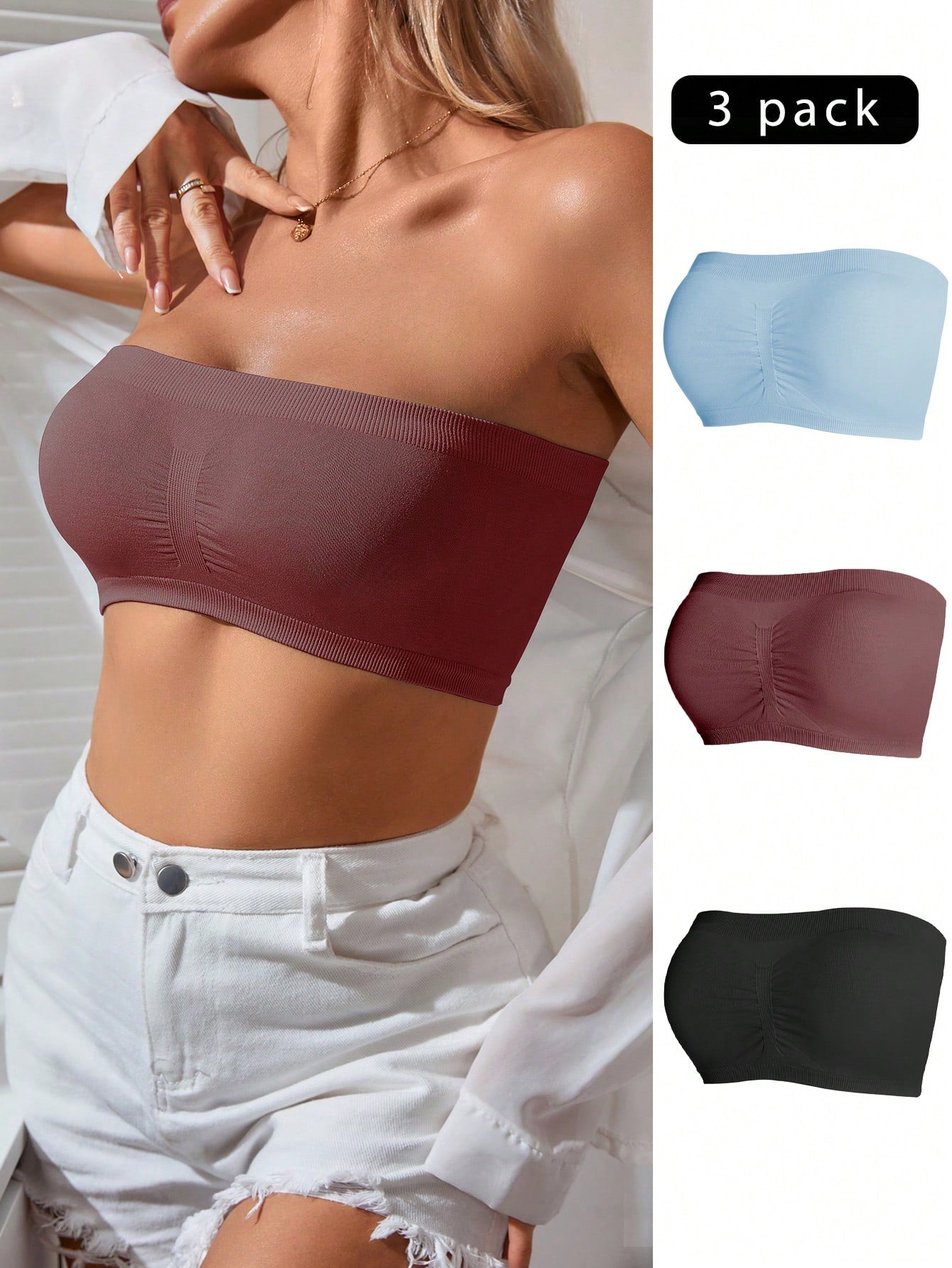 Underwear&Sleepwear Basics 3pcs Solid Ruched Tube Bra