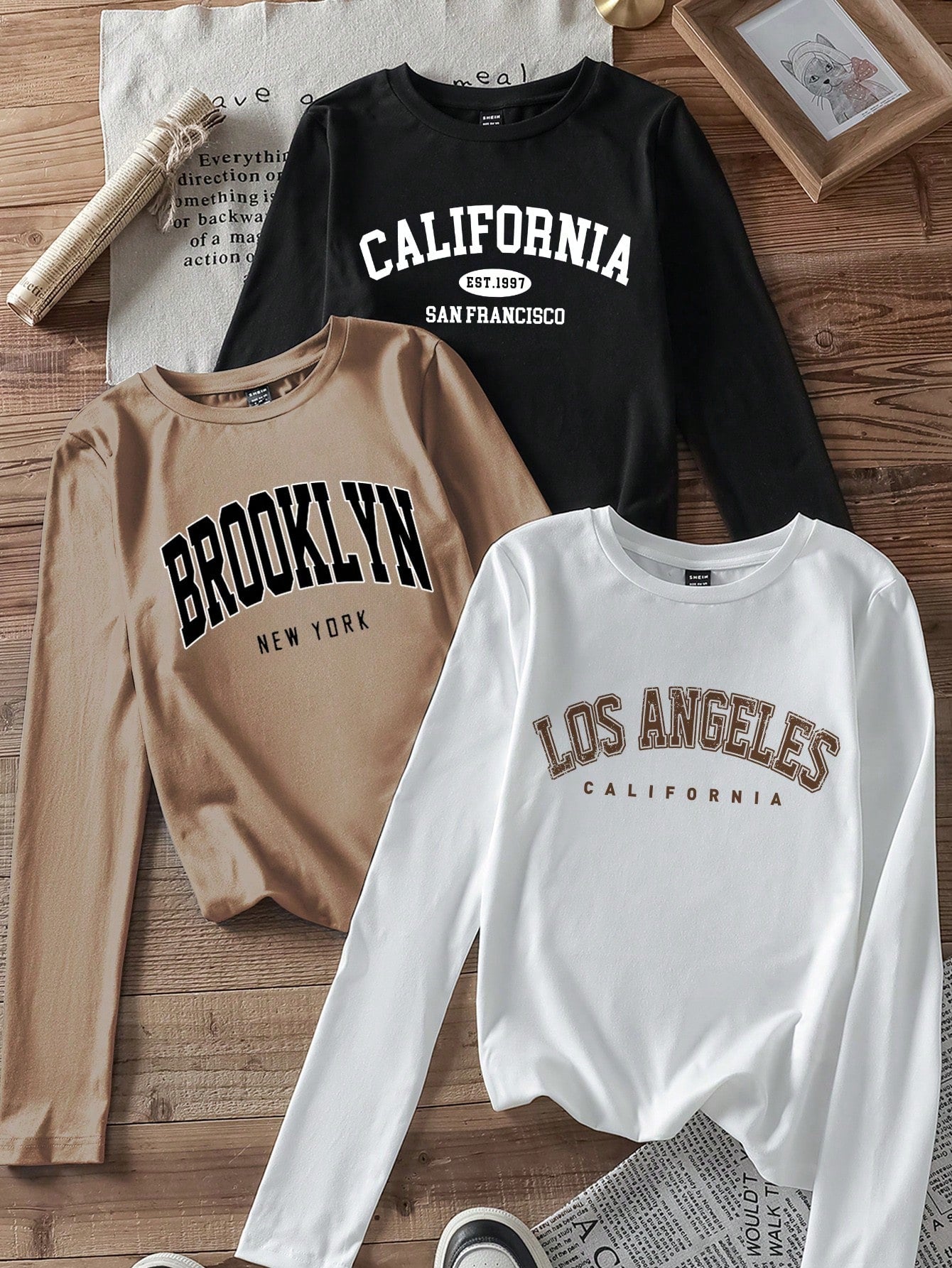 EZwear 3pcs Set Women Casual Letter Print Round Neck Slim Fit Long Sleeve T-Shirt Outfit, Suitable For Autumn