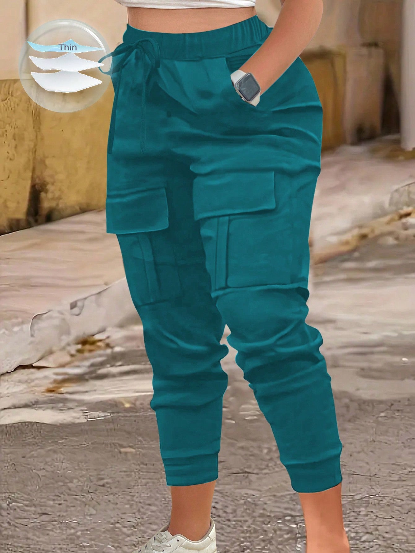 MOOSTA Plus Size Drawstring Waist & Cuffed Workwear Long Trousers