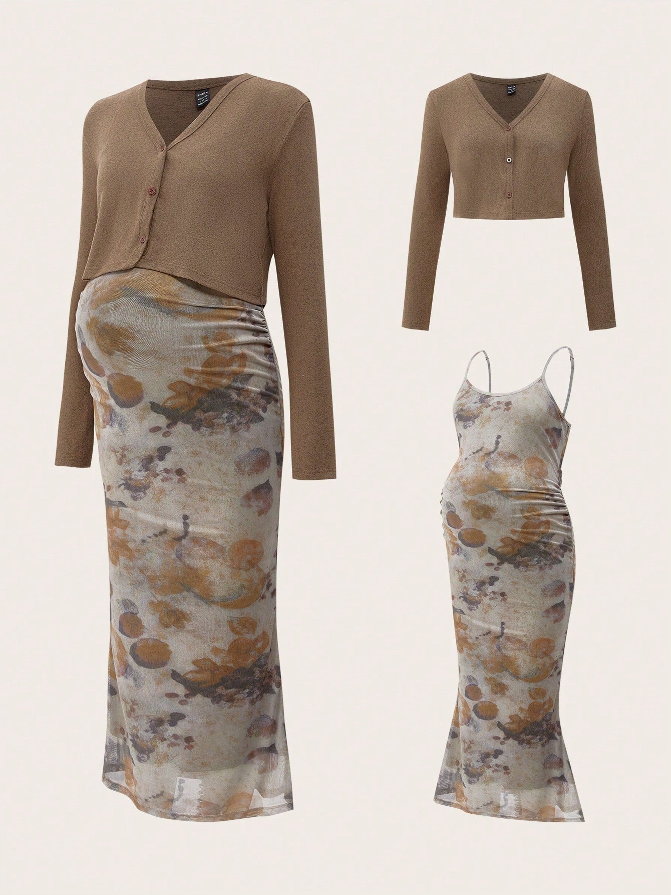 2 Piece Set Khaki Mesh Vintage Print Maternity Long Sleeve Outfit