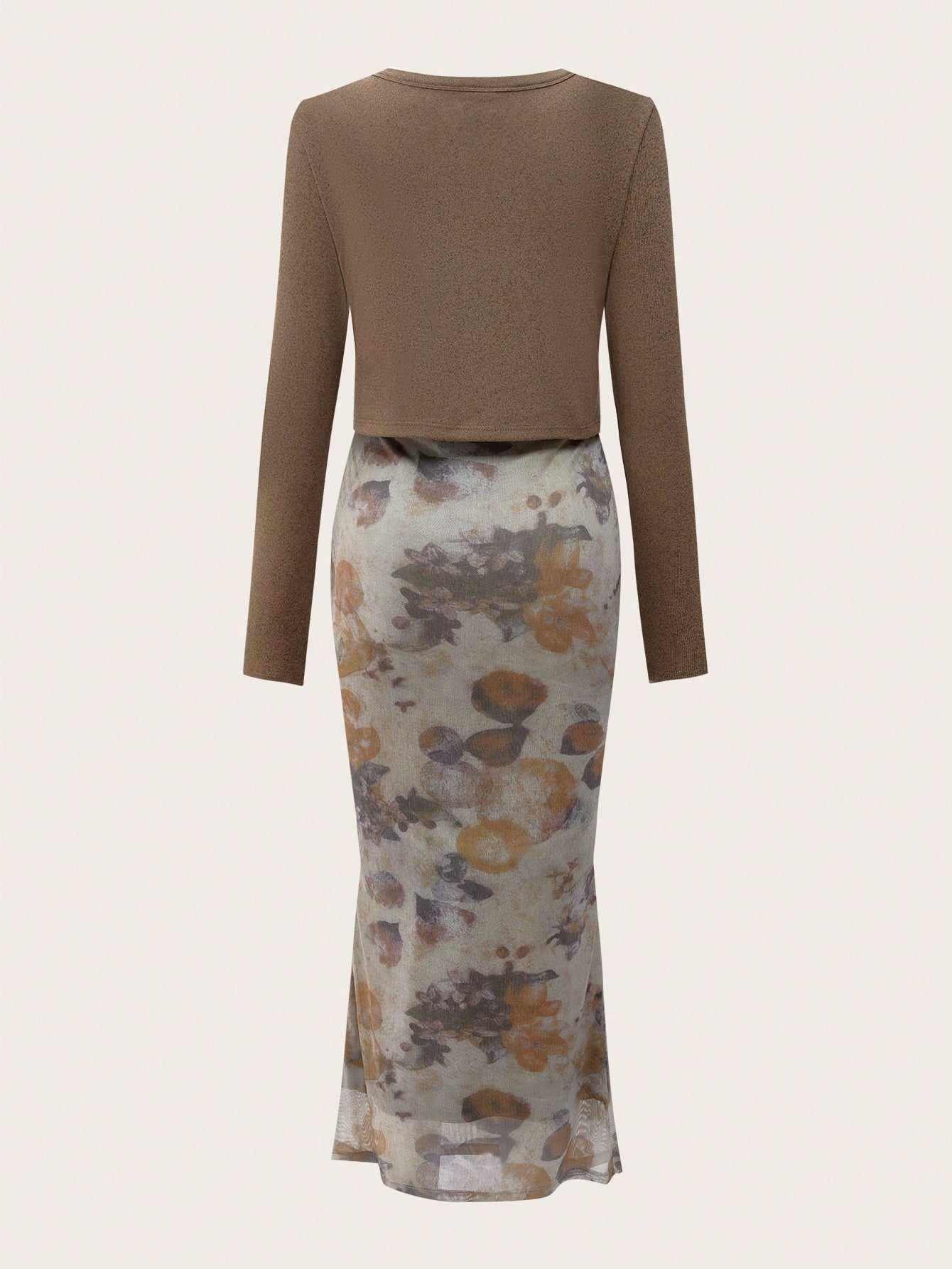 2 Piece Set Khaki Mesh Vintage Print Maternity Long Sleeve Outfit