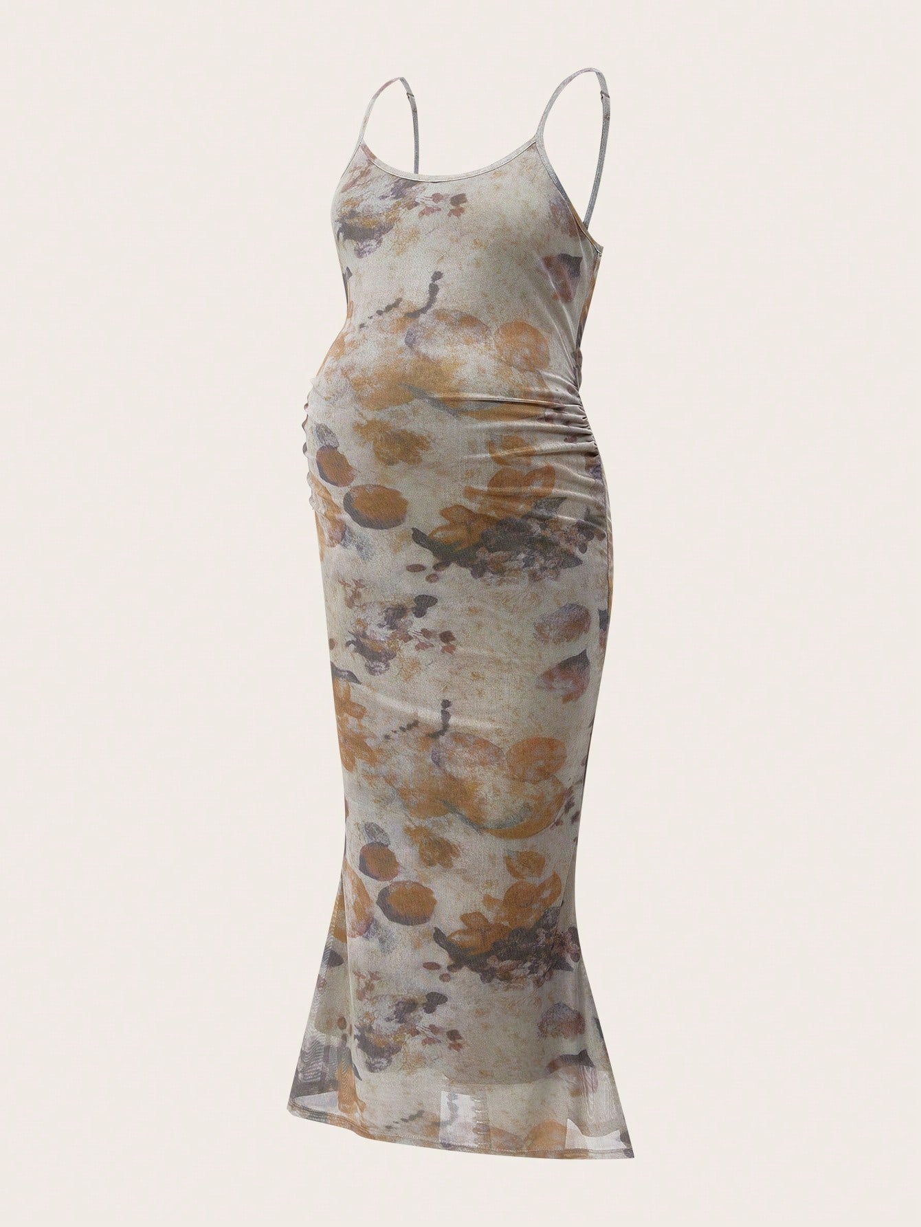 2 Piece Set Khaki Mesh Vintage Print Maternity Long Sleeve Outfit