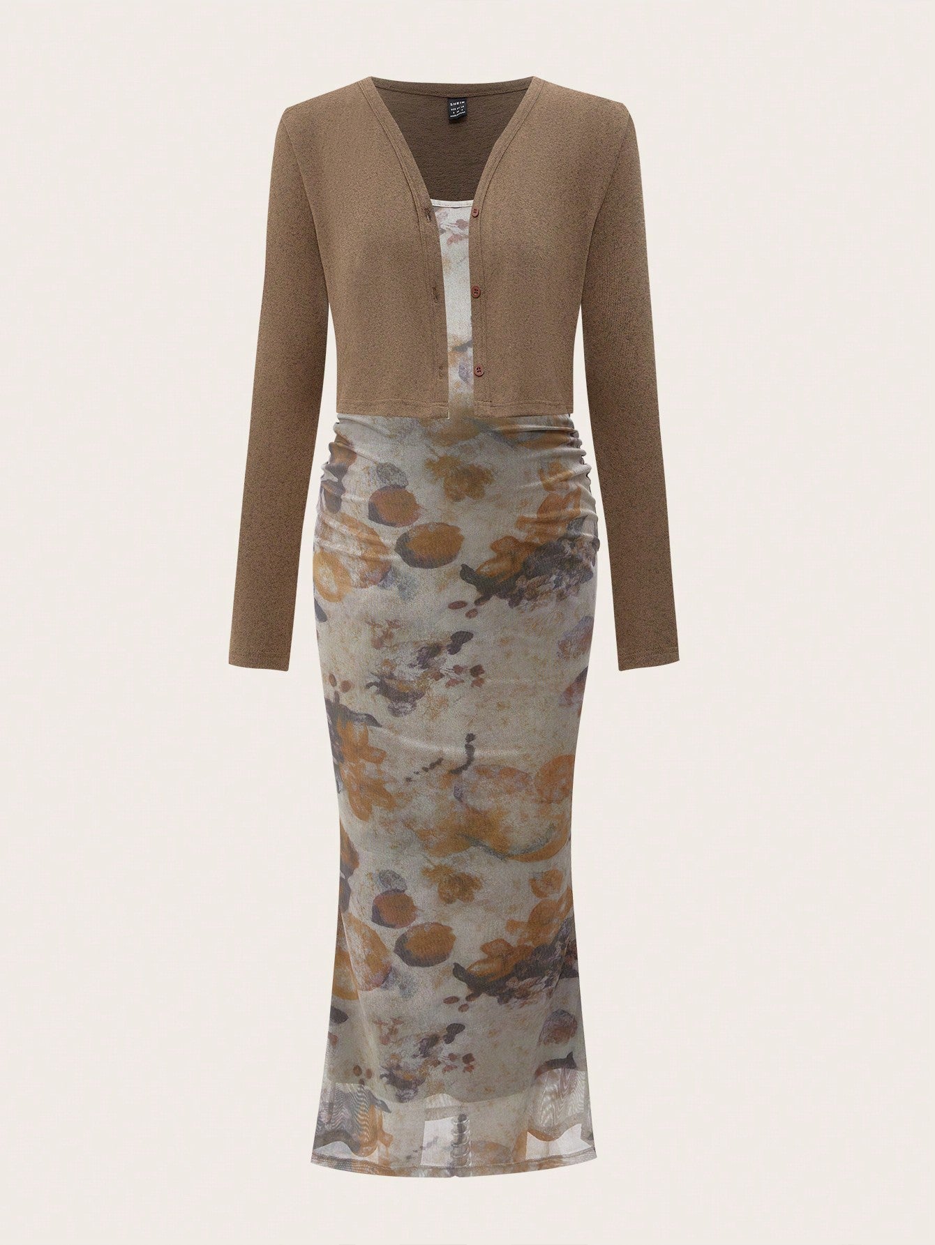 2 Piece Set Khaki Mesh Vintage Print Maternity Long Sleeve Outfit