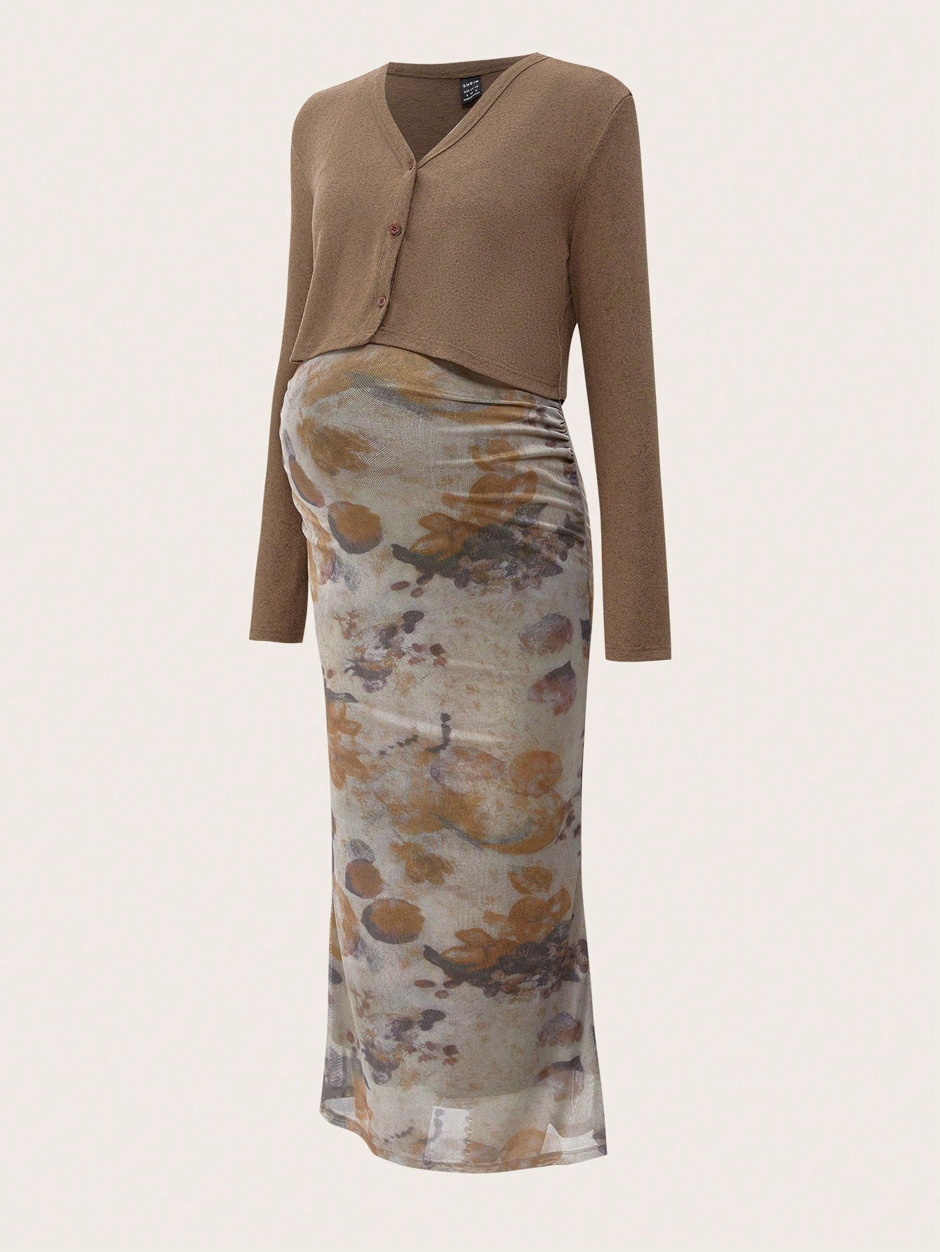 2 Piece Set Khaki Mesh Vintage Print Maternity Long Sleeve Outfit