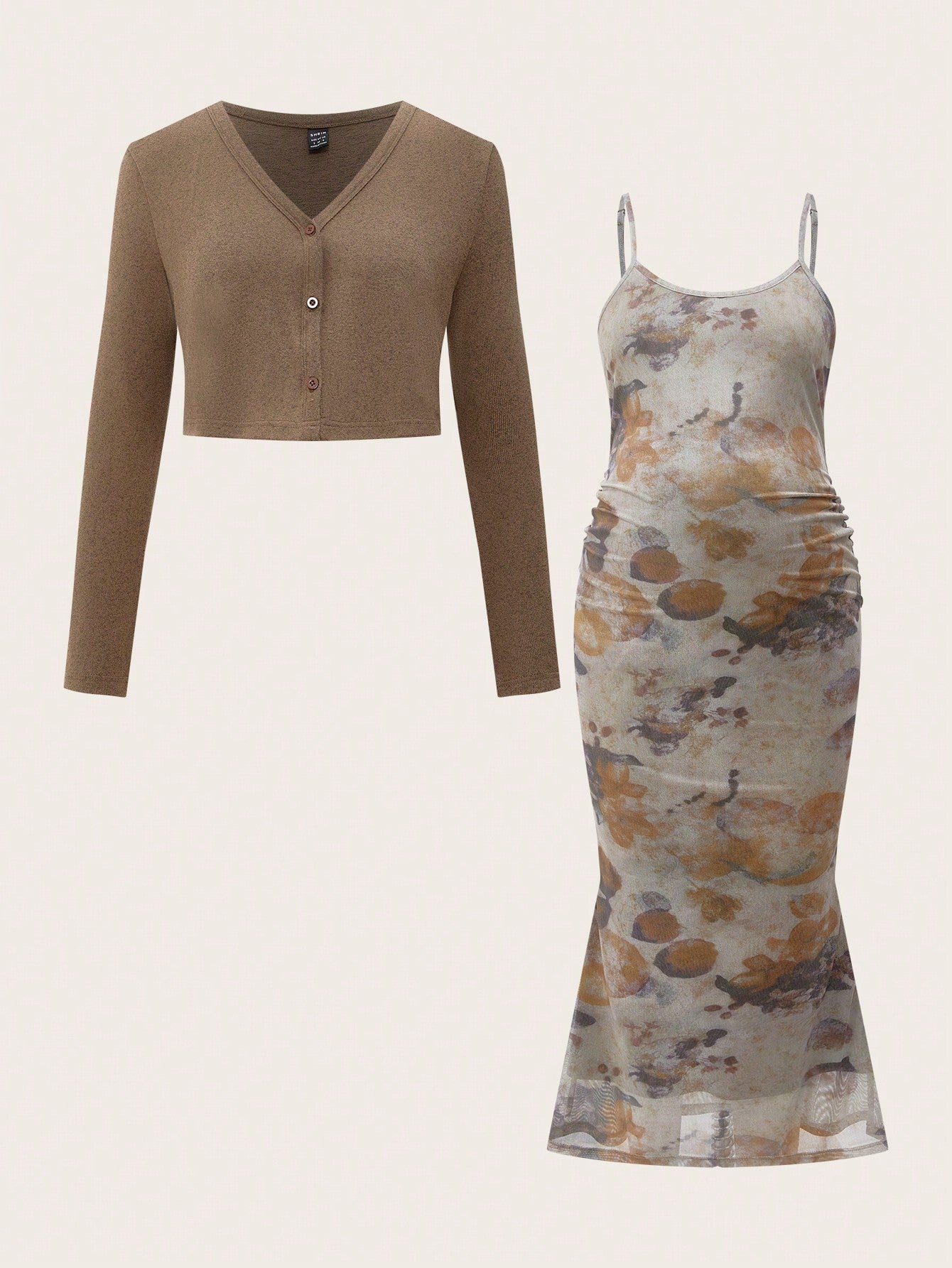 2 Piece Set Khaki Mesh Vintage Print Maternity Long Sleeve Outfit