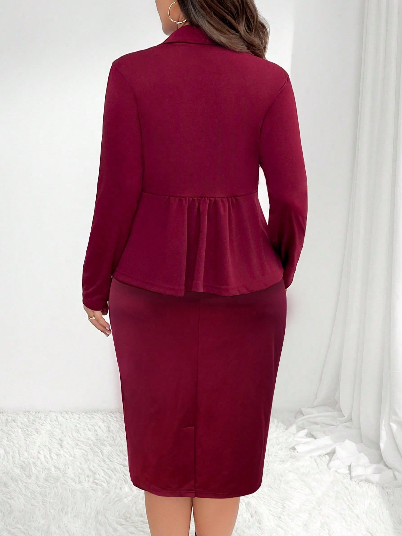 Clasi Plus Size Women Elegant Fitted Burgundy Red Suit Set