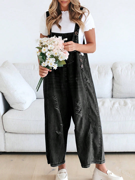 PiePieBuy PiePieBuy Women's Casual Denim Overall Jumpsuit , Loose Adjustable Shoulder Straps Make Old Denim Cargo Belt Pockets