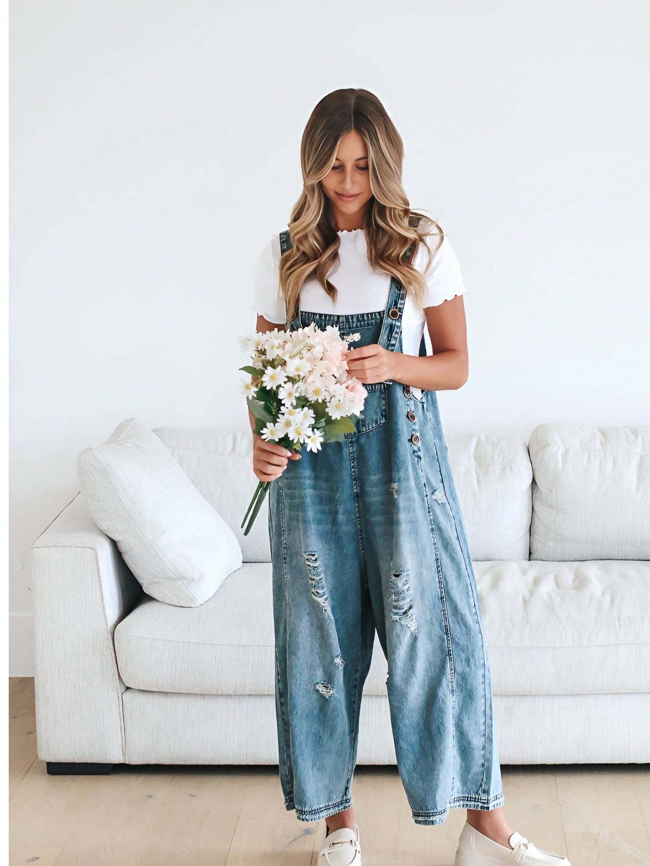 PiePieBuy PiePieBuy Women's Casual Denim Overall Jumpsuit , Loose Adjustable Shoulder Straps Make Old Denim Cargo Belt Pockets