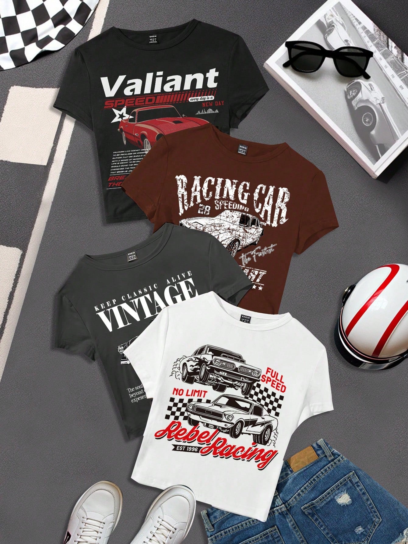 EZwear 4pcs/Pack Women Solid Color   Leopard Print Round Neck Short Sleeve T-Shirt