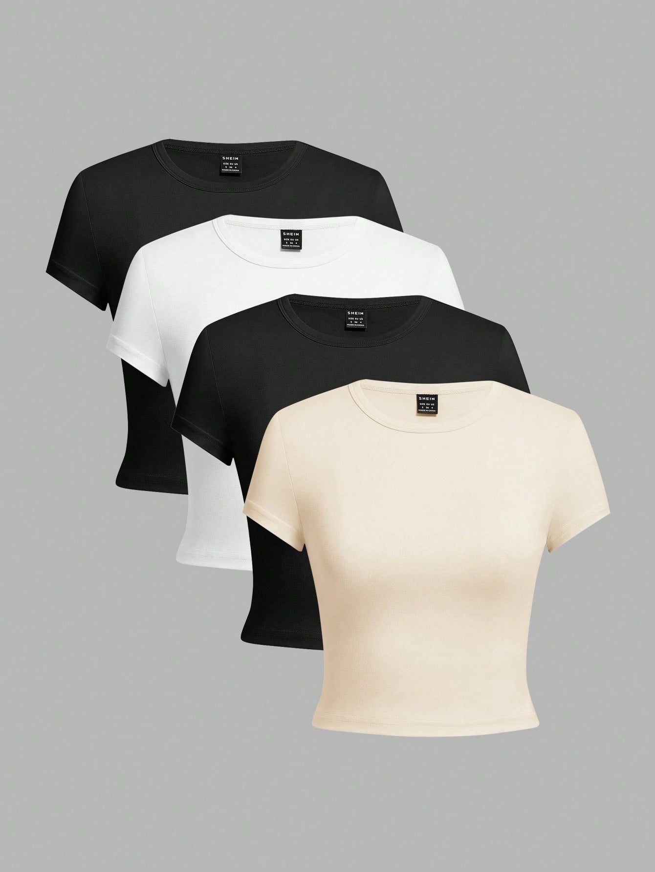 EZwear 4pcs/Pack Women Solid Color   Leopard Print Round Neck Short Sleeve T-Shirt