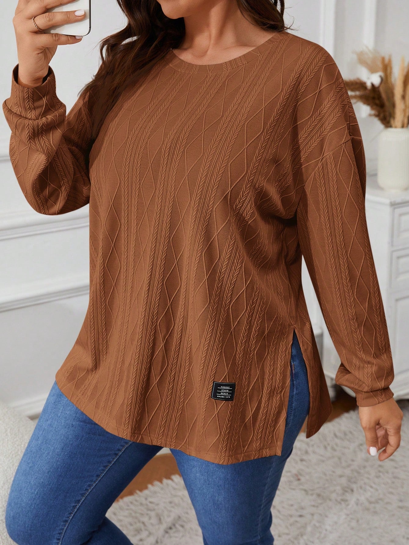 VCAY Plus Size Women Letter Print Dropped Shoulder Crew Neck Long Sleeve Casual T-Shirt, Autumn