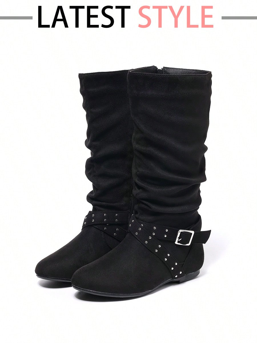 Comfortable Casual Flat Round Toe Mid-Calf Boots With Pleated Design And Side Zipper, Autumn-Winter Women's Fashion Boots
