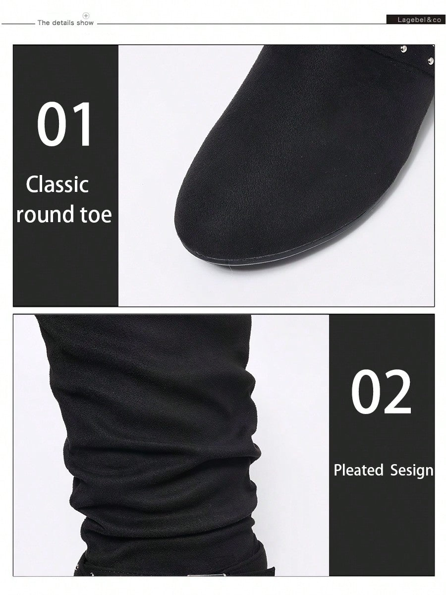 Comfortable Casual Flat Round Toe Mid-Calf Boots With Pleated Design And Side Zipper, Autumn-Winter Women's Fashion Boots