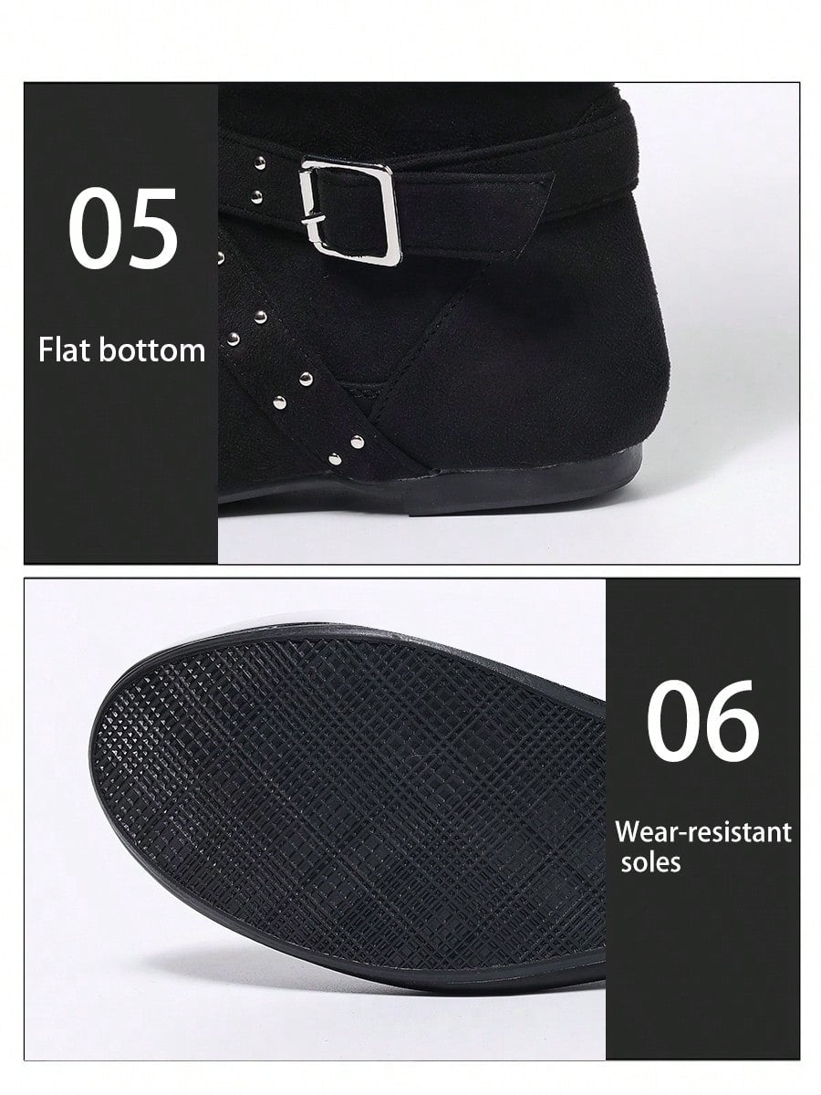 Comfortable Casual Flat Round Toe Mid-Calf Boots With Pleated Design And Side Zipper, Autumn-Winter Women's Fashion Boots