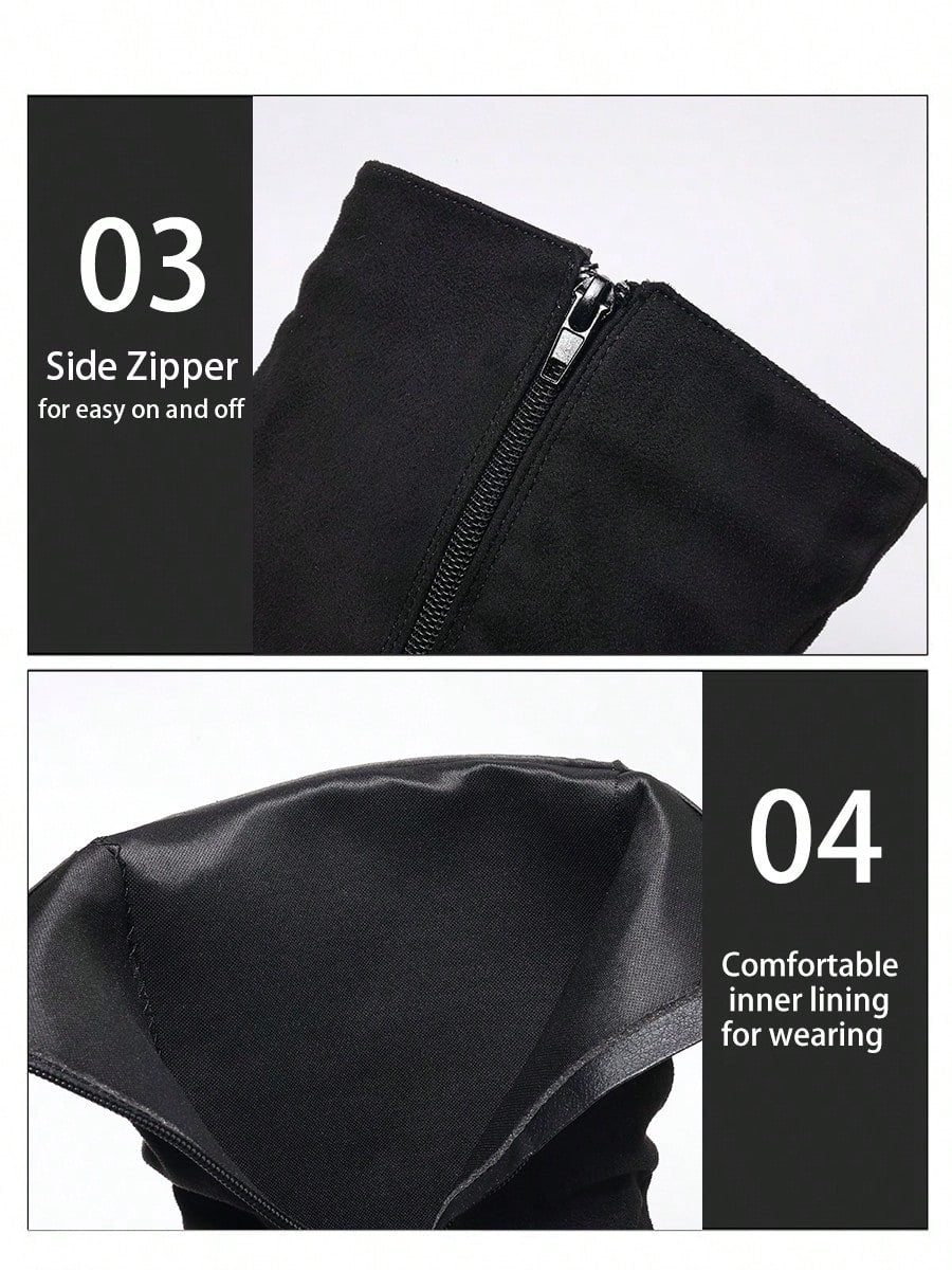 Comfortable Casual Flat Round Toe Mid-Calf Boots With Pleated Design And Side Zipper, Autumn-Winter Women's Fashion Boots