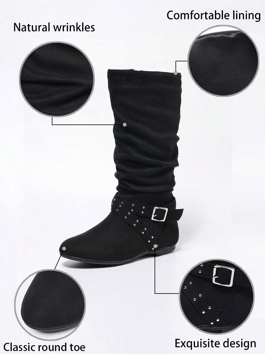 Comfortable Casual Flat Round Toe Mid-Calf Boots With Pleated Design And Side Zipper, Autumn-Winter Women's Fashion Boots